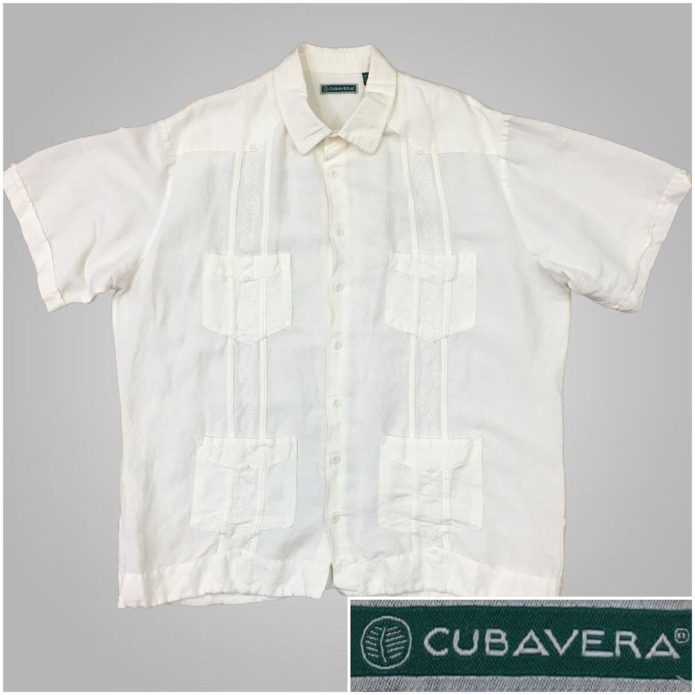 Cubavera‎ Ivory White Guayabera Camp Bowling Shirt Men's Size XLT Ramie Viscose